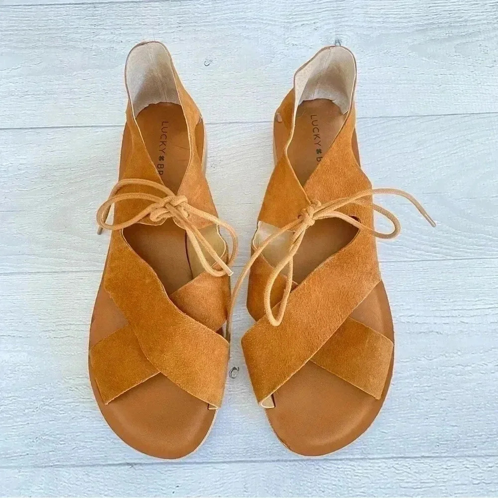 Lucky Brand Tan Suede Crisscross Lace-Up Sandals